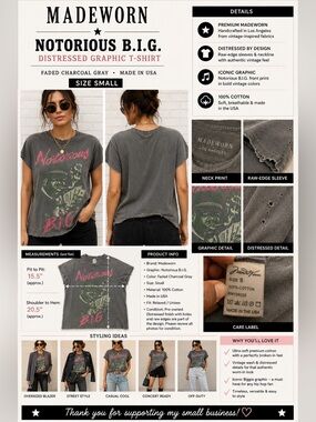 Madeworn Notorious B.I.G. Distressed Graphic T-Shirt Gray Made in USA Women's Sm